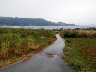 瀬底の奥の方、向こうに見えるのは本島